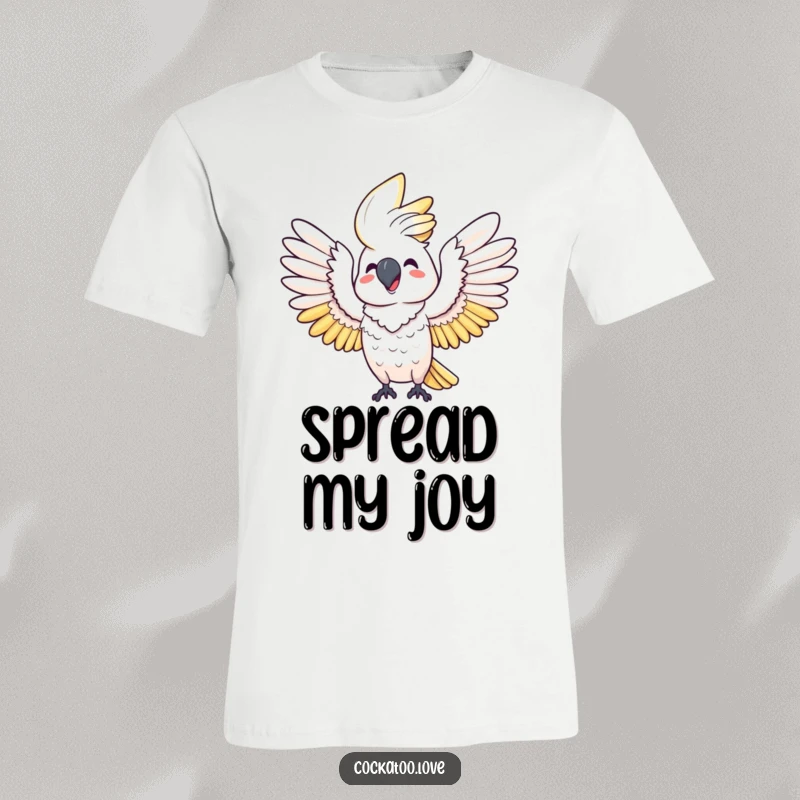 Funny t-shirt: A delighted cockatoo joyfully stretches its wings wide, symbolizing pure happiness and freedom for bird enthusiasts.