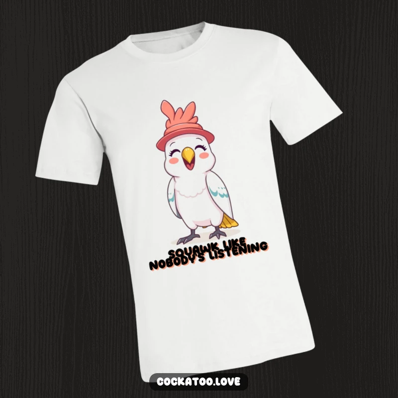 Funny Cockatoo Hat T-Shirt a cheerful bird in a tiny hat squawks gleefully, radiating happiness and silliness for all to enjoy.