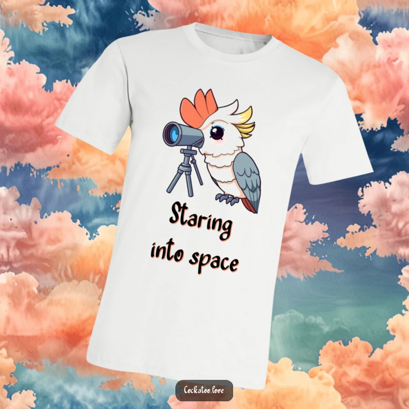 Funny cockatoo t-shirt featuring a curious bird character gazing through a telescope with wonder, ideal for the inquisitive.
