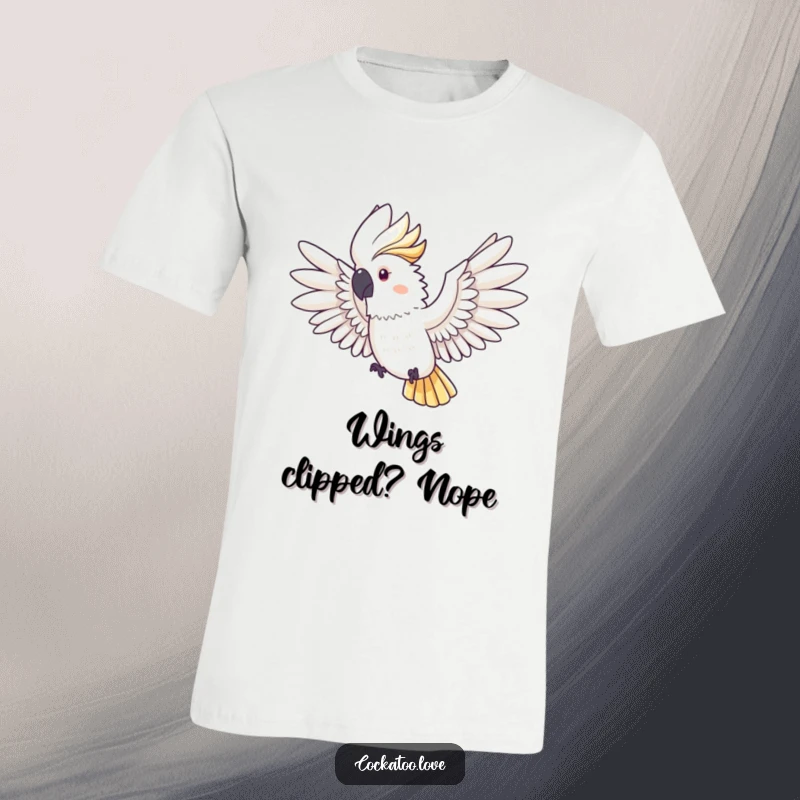Funny Cockatoo T-Shirt: A majestic cockatoo with wings spread wide looks poised for an epic, funny flight across the sky.
