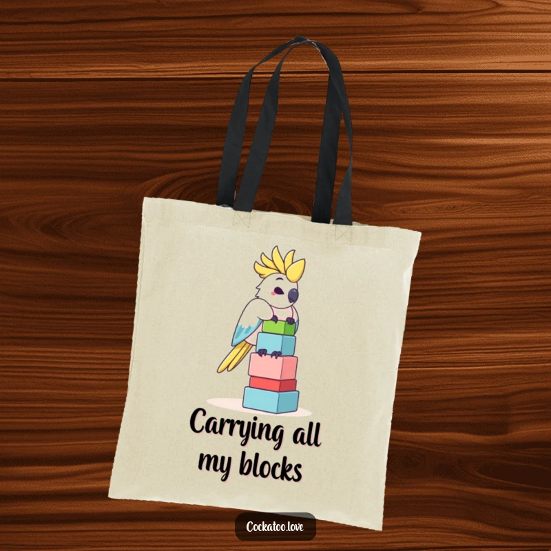Funny Cockatoo Tote Bag: A charming cockatoo balances a colorful stack of blocks, ready to carry your items with a comedic flair.