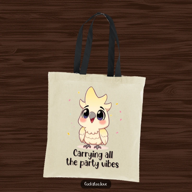 Funny Cockatoo Tote Bag: A joyful bird enthusiastically watches confetti fall, ready for celebration.