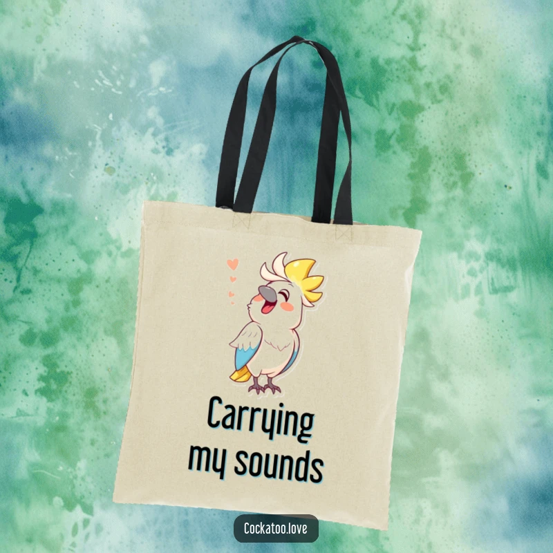 Funny cockatoo tote bag, cheerful bird character mimicking a funny sound, humorous accessory, carrying smiles.