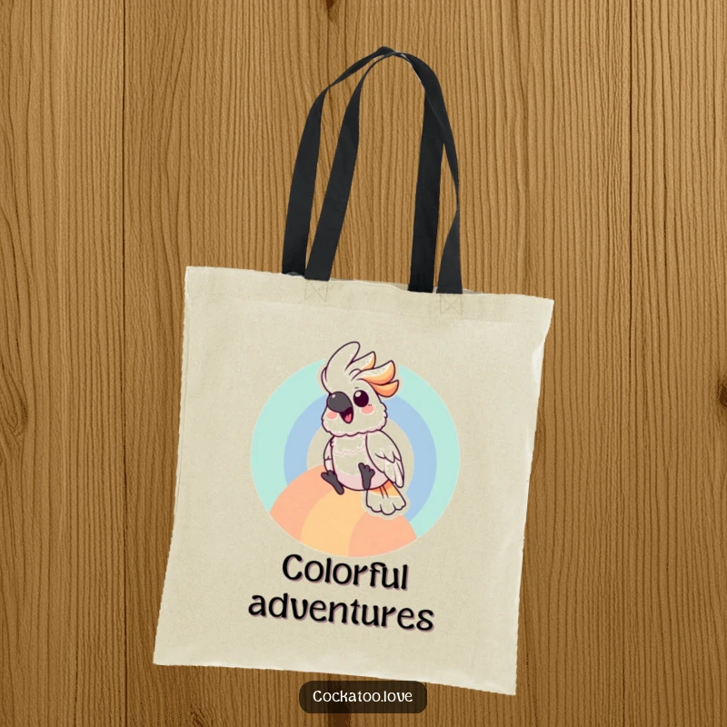 Gleeful cockatoo bird character sliding down a vibrant rainbow arc on a tote bag, full of joy.