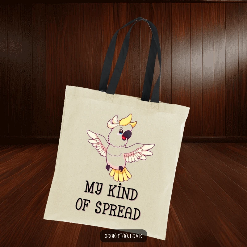 Funny cockatoo tote bag with a happy bird showing spread wings in mid-flight, representing freedom, happiness, and a zest for life.