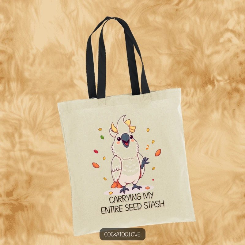 Funny cockatoo tote bag with a joyful bird juggling an array of colorful seeds, ideal for bird lovers.