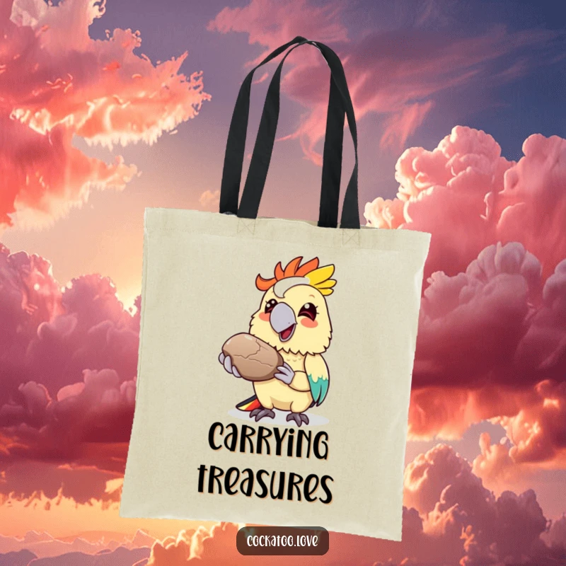 Funny cockatoo tote bag, colorful bird character offering a shiny pebble with a grin, carrying kindness and smiles.
