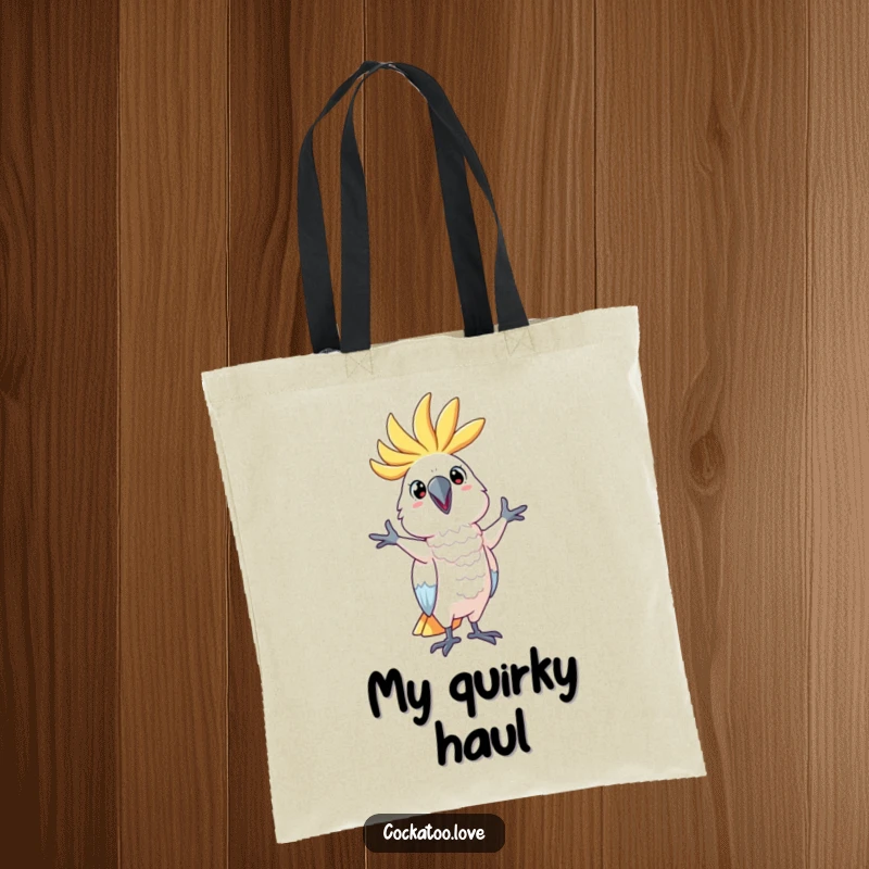 Funny Tote Bag showcasing a cockatoo character in a comical, silly pose, practical and humorous, making a great funny gift.