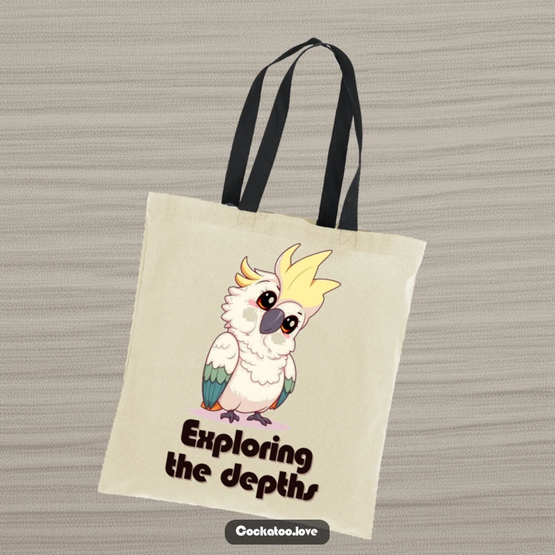 Funny cockatoo tote bag with a playful bird tilting its head with an inquisitive expression, symbolizing curiosity and a thoughtful approach.