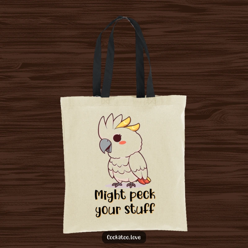 Funny tote bag with a cockatoo character sporting a mischievous grin and playfully pecking.