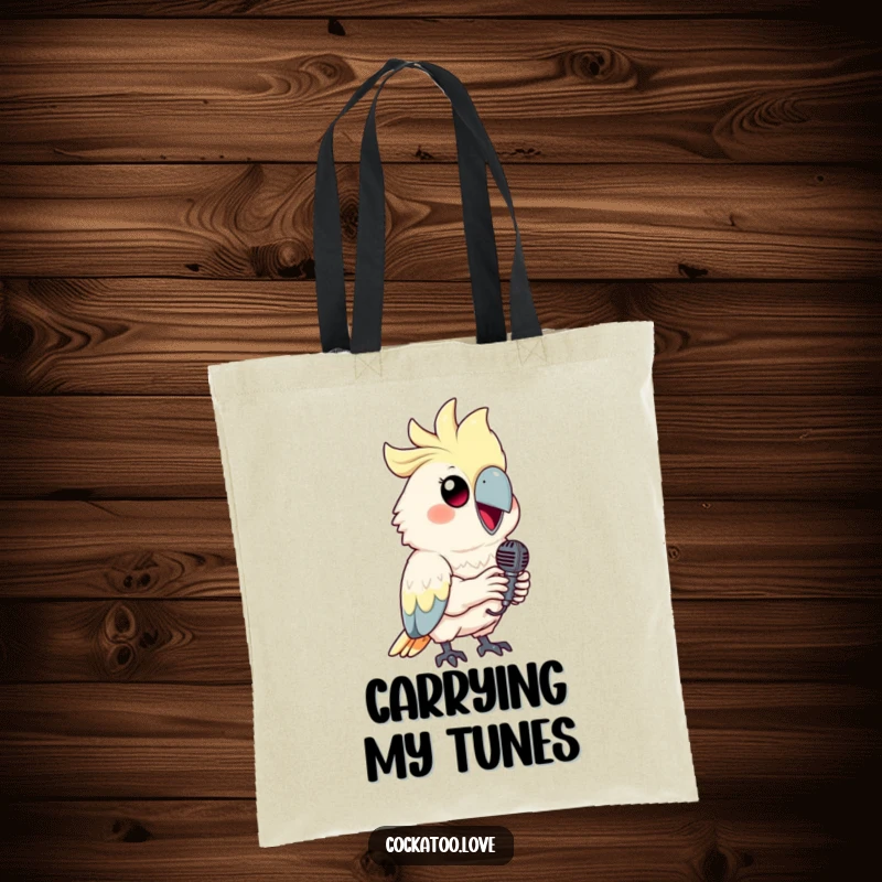 Funny cockatoo tote bag featuring a smiling bird holding a tiny microphone, perfect for music fans.