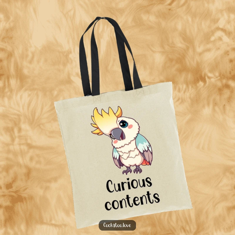 Funny tote bag: A curious cockatoo tilts its head inquisitively, perfect for bird lovers and anyone seeking a humorous, thoughtful accessory.