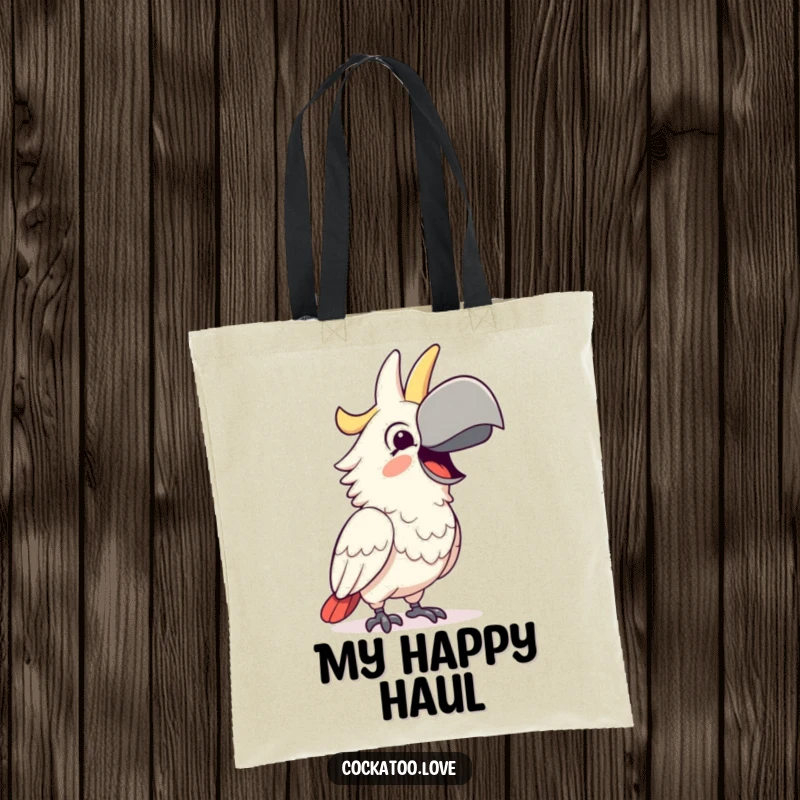 Funny Tote Bag featuring a happy cockatoo character squawking joyfully with a wide beak, a practical item with a happy funny gift.