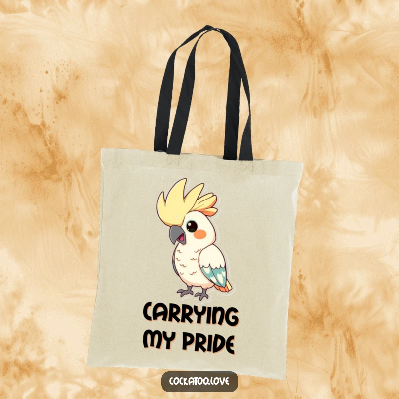 Funny cockatoo tote bag, depicting a bird with its crest hilariously puffed up, exuding an air of comical pride.