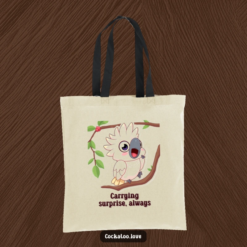 Funny tote bag showcasing a surprised cockatoo with wide eyes, hilariously tumbling from a tree branch.