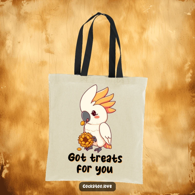 Funny cockatoo tote bag with a friendly bird character extending a tasty sunflower seed treat.