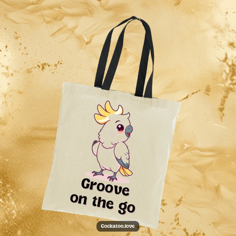 Funny cockatoo tote bag, showcasing a bird in mid-shuffle dance, adding a burst of color and fun to your day.