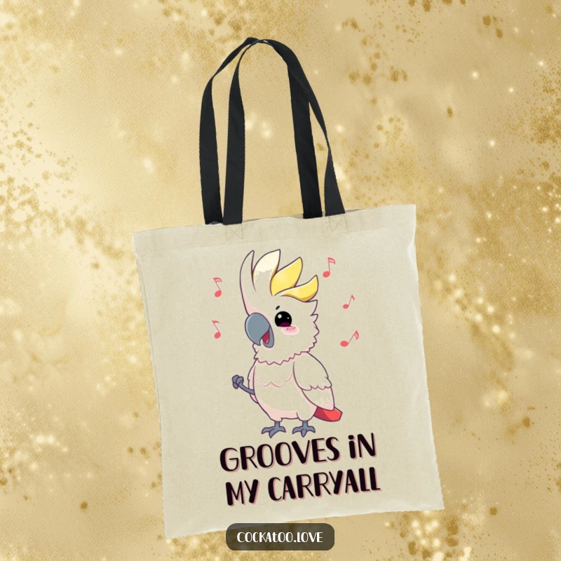 Funny Cockatoo Tote Bag enjoying music, head bobbing cheerfully, a practical and humorous accessory for bird enthusiasts, great funny gift.