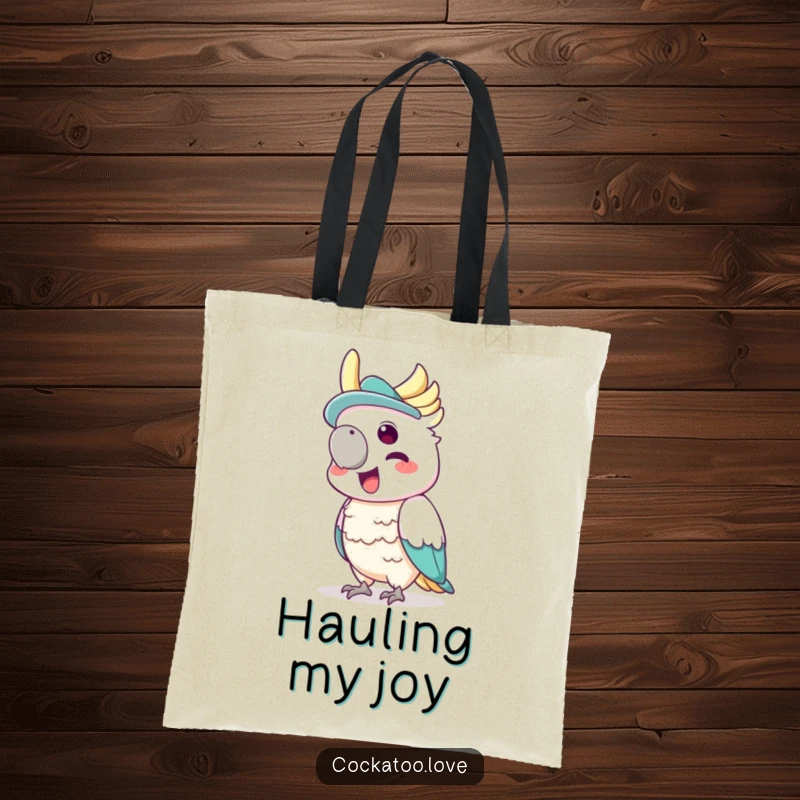 Funny tote bag featuring a cockatoo wearing a tiny hat, joyfully squawking with glee.