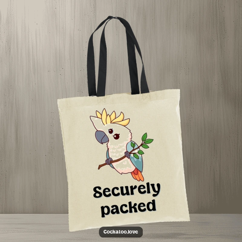 Funny cockatoo tote bag with a determined bird gripping a tiny, stylized branch, symbolizing focus, strength, and unwavering commitment.